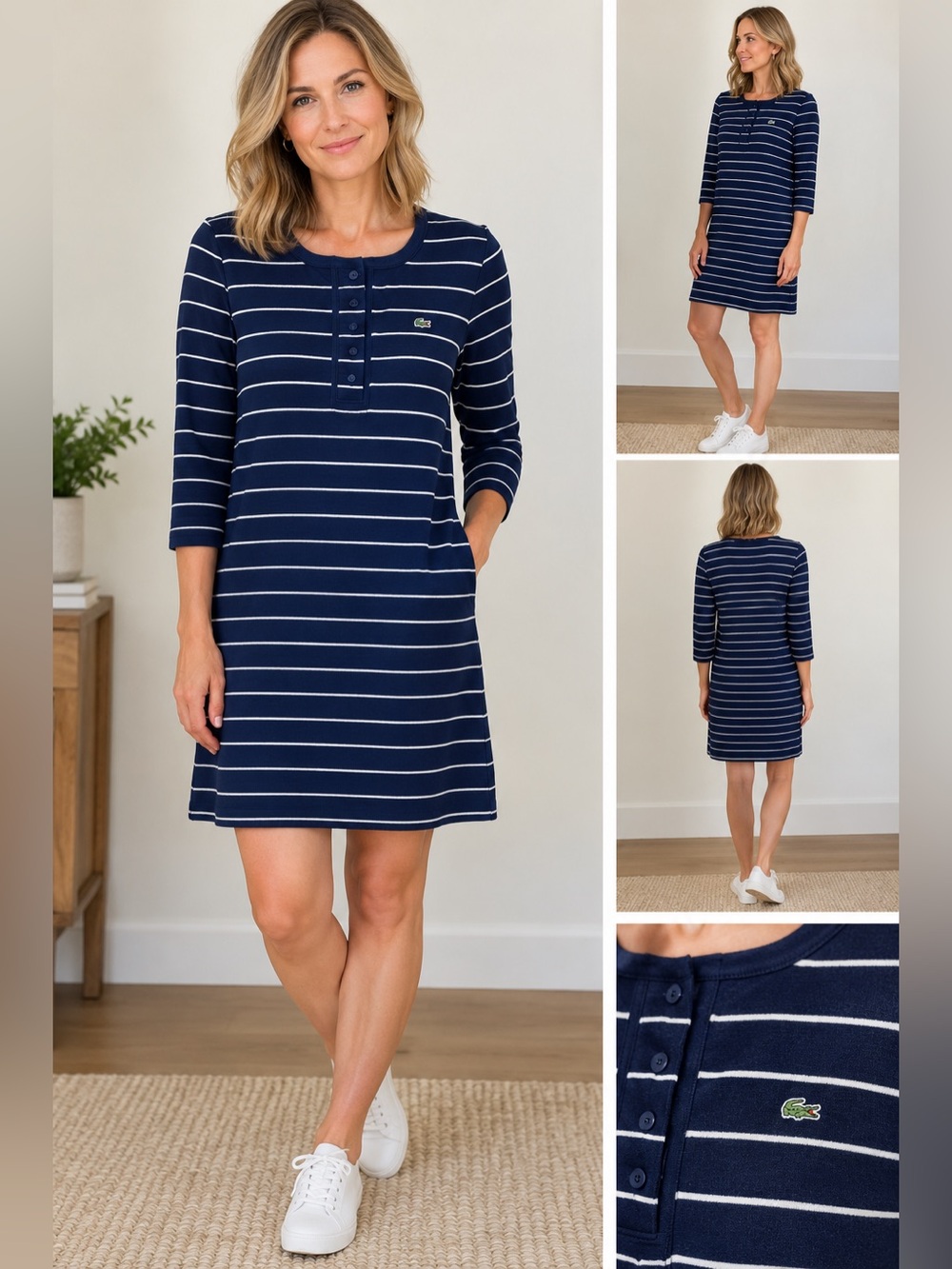 LACOSTE navy/white striped knit dress alligator blue size 38 medium stripes knit